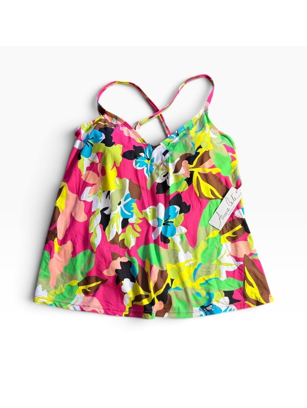 Anne Cole control V front cross back loose fit tankini swim top size S $74 NWT
